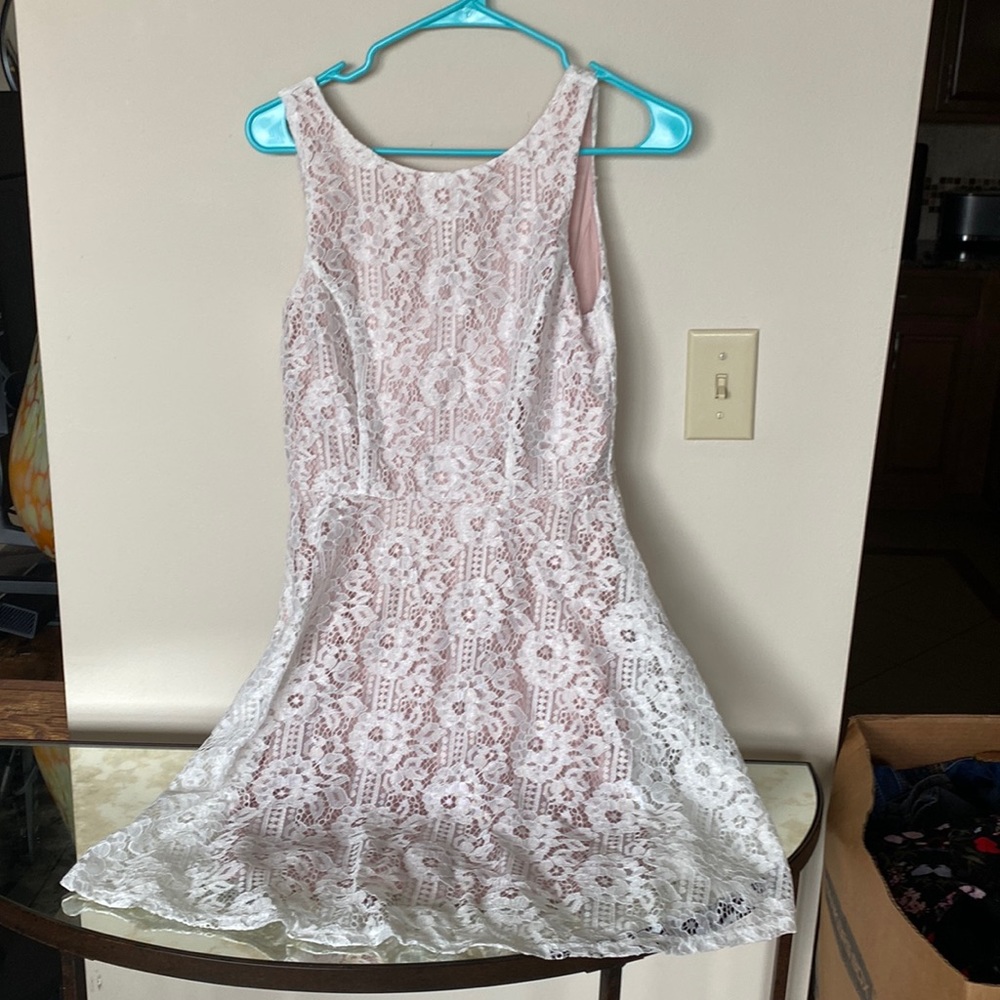 Brand new white lace dress with attached pink shift